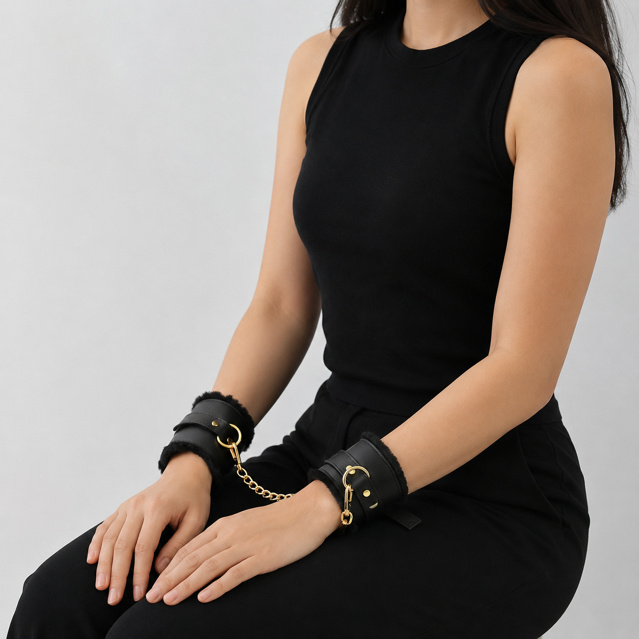 Luxury Faux Leather Wrist Cuffs with Chain – Adjustable Restraint Set