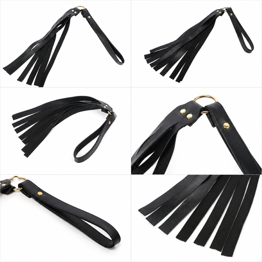 Black faux leather tassel flogger with wrist loop handle and multiple soft tassels.