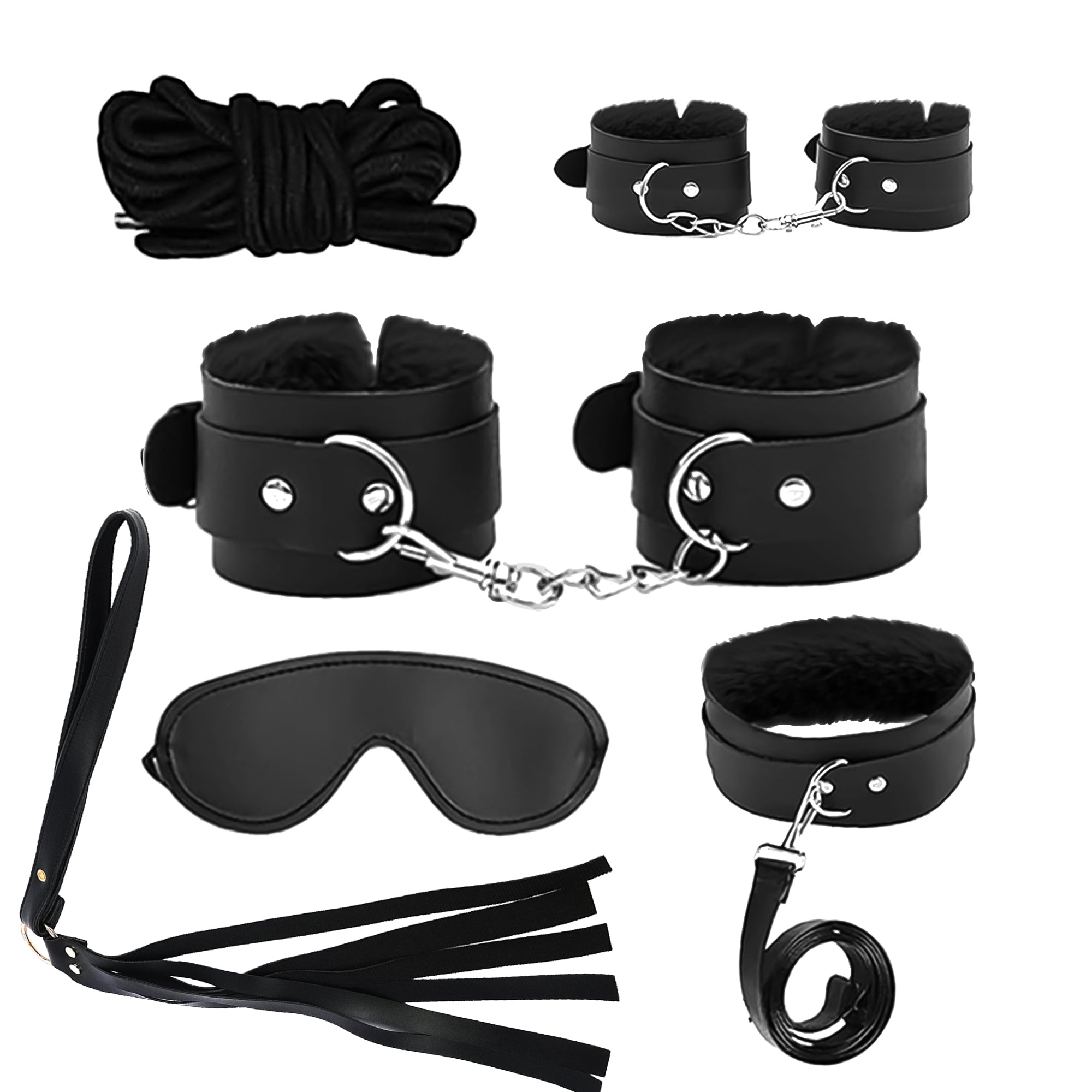 Premium 6-Piece Couples Intimacy Kit – Blindfold, Wrist Cuffs, Collar, Rope & Flogger Set (Black)