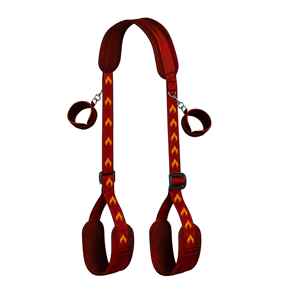 Luxury red sex sling featuring plush wrist and ankle cuffs with adjustable straps