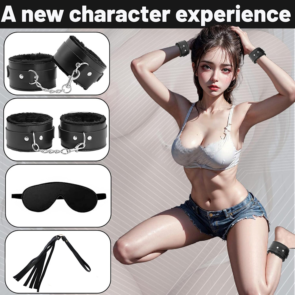 7-Piece Couples Intimacy Accessory Kit – Blindfold, Wrist & Ankle Restraints, Rope, Cross Strap & Tickler Set (Black)