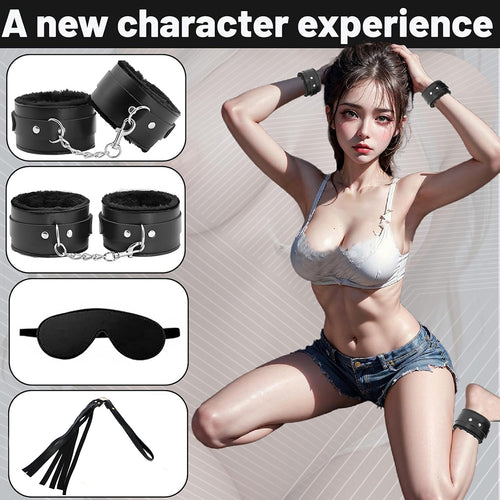 7-Piece Couples Intimacy Accessory Kit – Blindfold, Wrist & Ankle Restraints, Rope, Cross Strap & Tickler Set (Black)