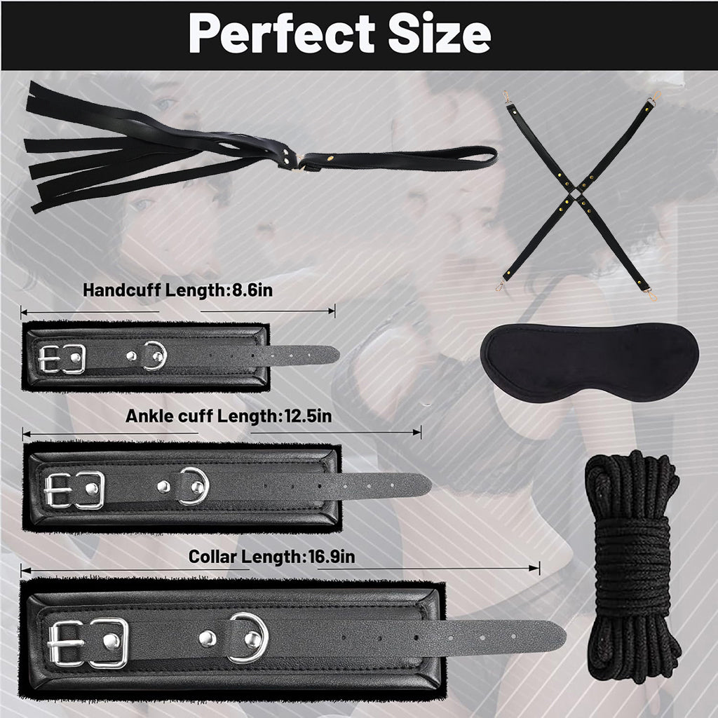7-Piece Couples Intimacy Accessory Kit – Blindfold, Wrist & Ankle Restraints, Rope, Cross Strap & Tickler Set (Black)